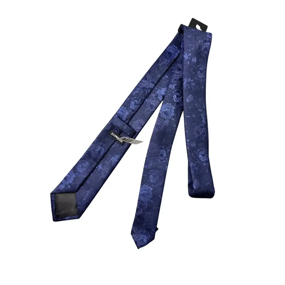 Express Navy Floral Jacquard Necktie Textured Slim Polyester Dark Floral